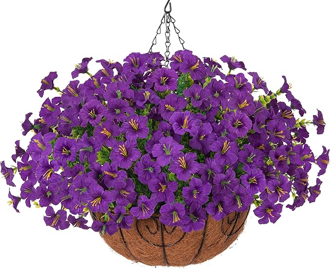 INSPRING Artificial Hanging Flowers Basket for Outdoors Fake Plants Spring Decoration, UV Resistant Faux Silk Petunias in Planter Look Real Morning Glory for Outside Patio Porch Balcony Garden Home