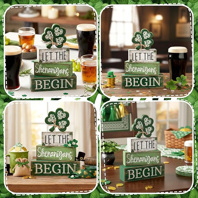 Lineshading 4 Pcs St Patricks Day Table Decor Wooden Shamrocks St Patrick's Day Tiered Tray Decor Irish Centerpiece Green Lucky Shamrocks Block Signs for Saint Patty's Party Home Kitchen