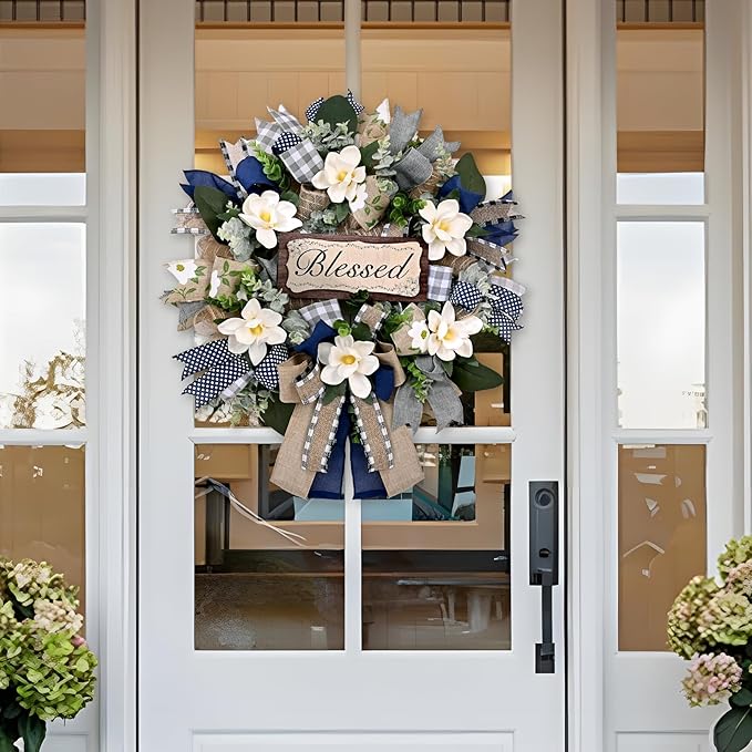 Waipfaru Magnolia Wreaths for Front Door, 22 Inch Spring Summer Wreath with Eucalyptus & Blue Grey Burlap Bow, Year Round Wreaths for Porch Farmhouse Patio Door Decor All Season (2 Pcs)