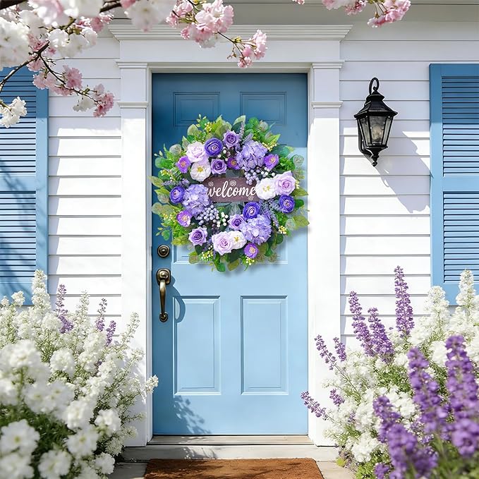 24 Inch Spring Summer Wreaths for Front Door, Luxury Hydrangea Door Wreaths for Front Door Outside All Season,Summer Door Wreath for Farmhouse French Country Home Wall Porch Decor