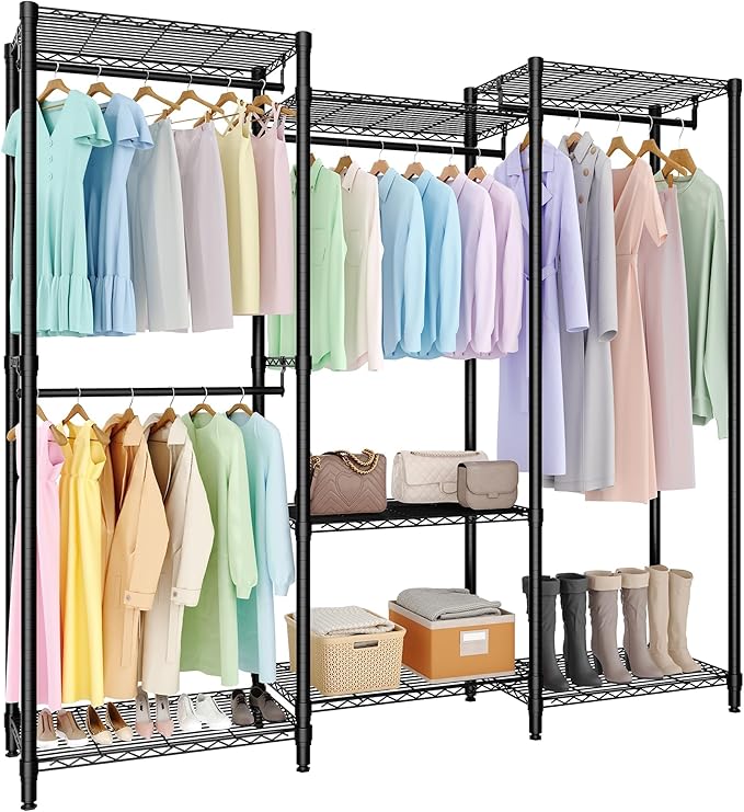 Heavy Duty Clothes Rack,Load 1631LBS Garment Rack Portable Closet,Free Standing Closet Organizers and storage with Adjustable Shelves, Hanging Rods, Dividable Black 76.5"H x 67.6"L x 15.5"W