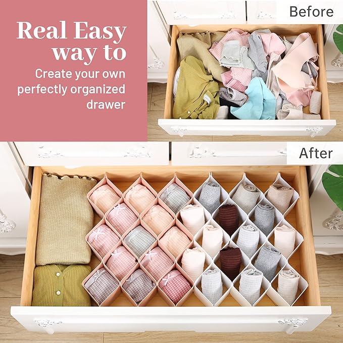 ROUFA Sock Drawer Organizer for Dresser, Honeycomb Underwear Dividers for Women, Panty Separator for Belts, Ties, Small Clothing(12pcs of Pink + 12pcs of White)