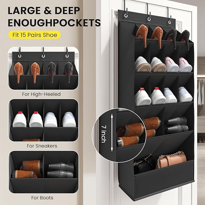 15 Pockets Over the Door Shoe Organizer, Shoe Rack for Closet Door with Large Breathable Pockets, Hanging Shoes Rack for Boots Size, Behind the Door Organizer Shoe Holder for Flexible Storage, Black