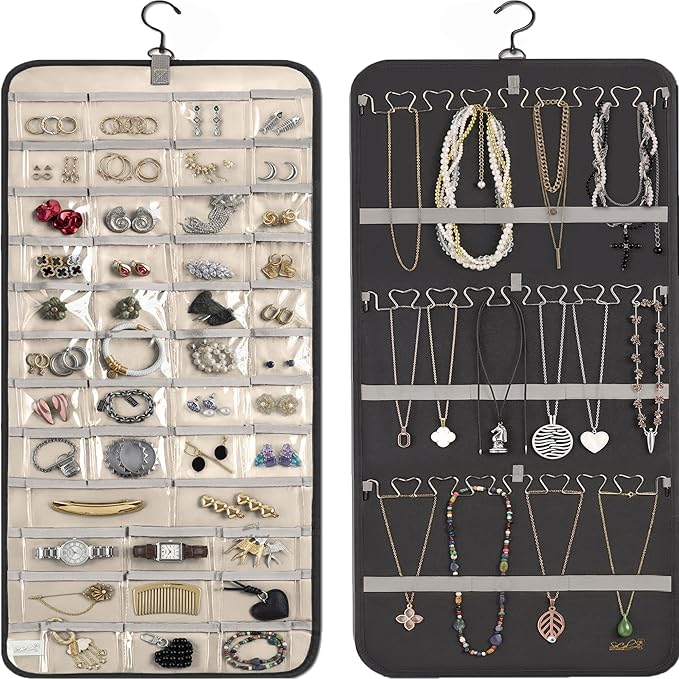 Hanging Jewelry Organizer Storage with Hanger Metal Hooks Double-Sided Jewelry Holder- Wall Mount Holder for Earrings, Necklaces, Rings on Closet, Wall, Door, 1 piece, Large, Charcoal Black