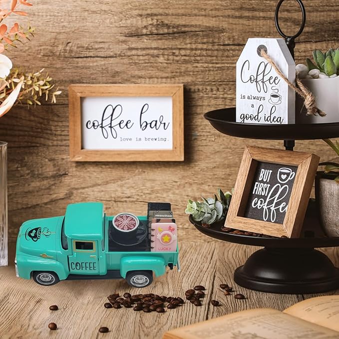 Coffee Bar Decor Vintage Mini Metal Truck Decor with Book Accessories for Coffee Station, Farmhouse Tiered Tray Tabletop Decorations for Home Kitchen, Office, Cafe