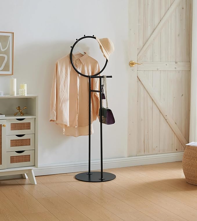 Kings Brand Furniture Cheska Suit Valet Stand with Circular Frame - Tie Jacket Clothes Hooks, Freestanding Clothing Organizer, Black