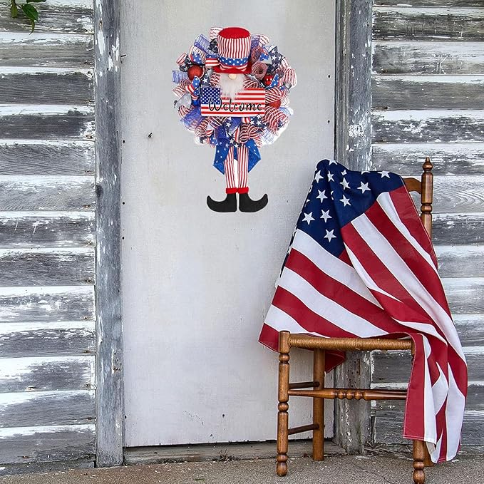 Patriotic Wreath for Front Door Red White Blue Wreath 4th of July Wreaths for Door Wall Memorial Day Decor Independence Day Hanging Decoration for Outside Home Farmhouse Holiday (Long-Legged hat)