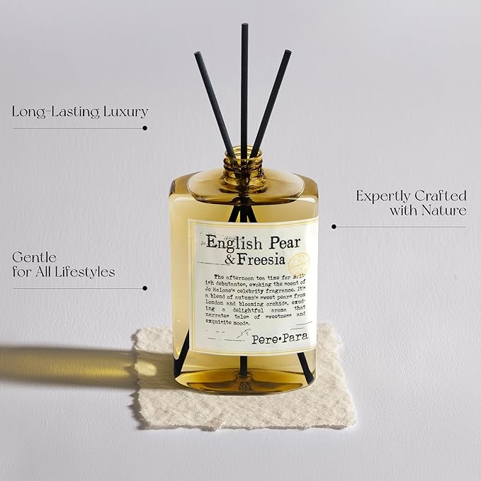 English Pear&Freesia Scent Reed Diffuser Refill 13.53 fl oz with 6 Sticks，【Brighten The Air】 Luxury Natural Long Lasting Home Fragrance Oil Air Freshener for Living Room and Office