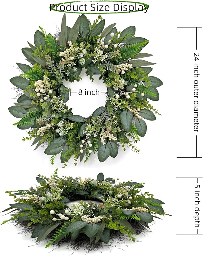 24 Inch Greenery Wreaths for Front Door – Artificial Eucalyptus Wreath with White Berries and Mixed Green Leaves, Year-Round Farmhouse Indoor Outdoor Door Wreath for Spring Summer Home Decor