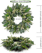 24 Inch Greenery Wreaths for Front Door – Artificial Eucalyptus Wreath with White Berries and Mixed Green Leaves, Year-Round Farmhouse Indoor Outdoor Door Wreath for Spring Summer Home Decor