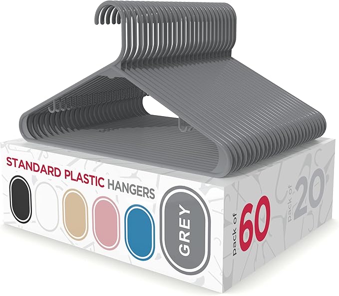 Sharpty Plastic Hangers Clothes Hangers for Clothing, Closet, Coats & Shirts - Durable & Space Saving - for Everyday Standard Use, Room Essentials & Basics - 60 Pack - Grey