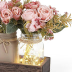 Mkono Mason Jar Lights Centerpiece Table Decor for Dining Room Farmhouse Wood Tray with 3 Jars Flowers Valentines Day Decoration for Coffee Table Kitchen Living Room Wedding