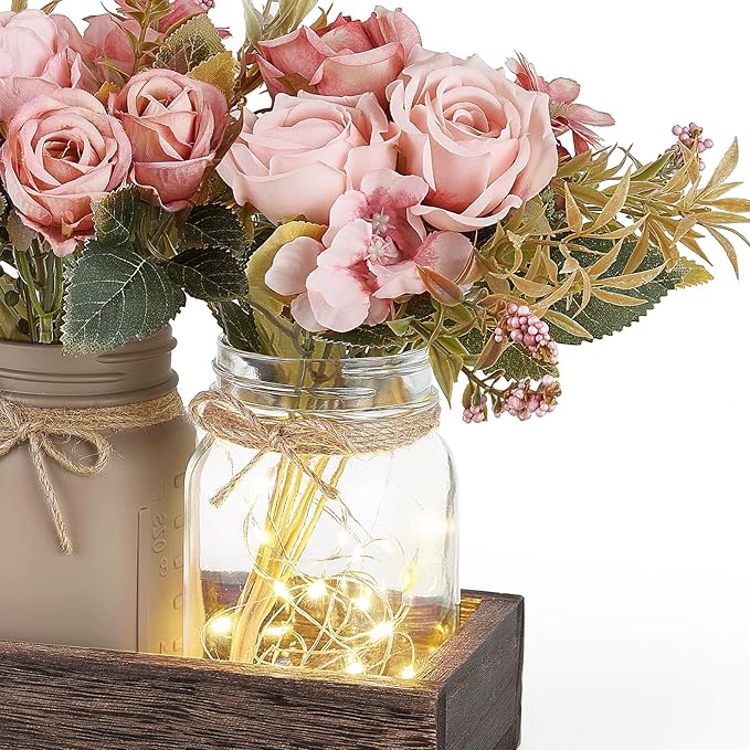 Mkono Mason Jar Lights Centerpiece Table Decor for Dining Room Farmhouse Wood Tray with 3 Jars Flowers Valentines Day Decoration for Coffee Table Kitchen Living Room Wedding