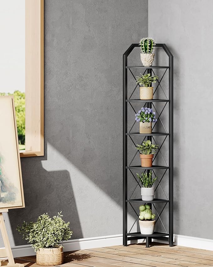 CHOEZON 6-Tier Corner Shelf, Industrial Corner Bookshelf, 71.2" Display Storage Stand, Plant Stand Display Shelf, Tall Bookcase for Bedroom, Living Room, Home Office, Black TCJ11BB