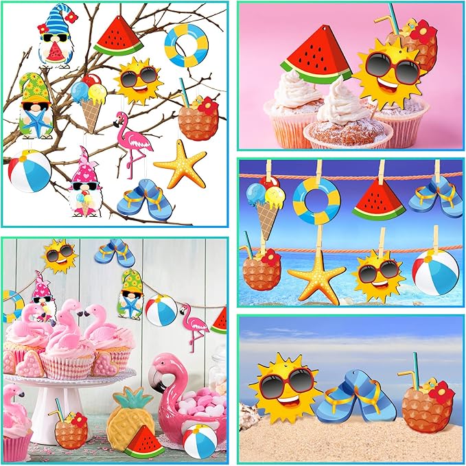 Geelin 36 Pcs Summer Wood Hanging Ornaments for Tree Mini Tree Decorations Hawaiian Beach Wooden Pendant Decorations with String for Luau Party Supplies(Gnome)