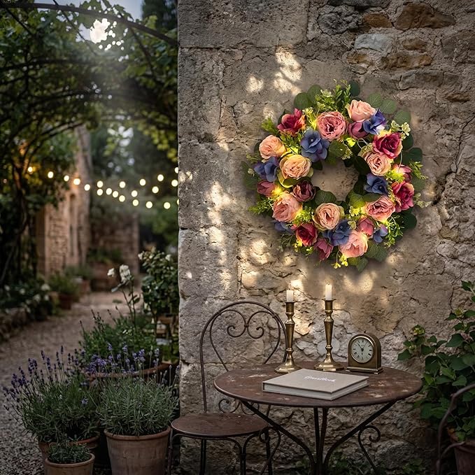 Svndlyn 22 Inch Pre-lit Artificial Spring Wreath for Front Door with Timer - 20 LED Lights, Pink Rose Peony & Eucalyptus Floral Decor, Battery Operated Summer Wreath for Indoor Covered Outdoor