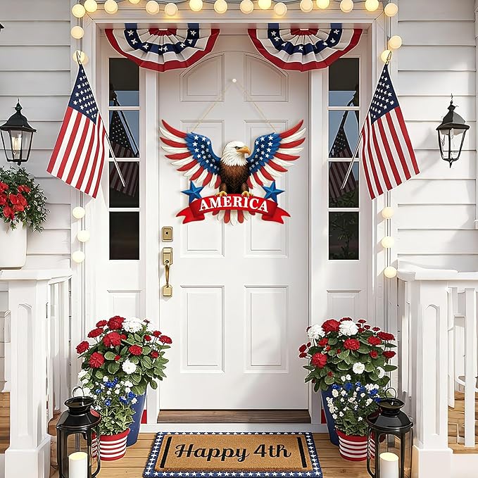 Wooden 4th of July Decoration Door Wreath for Front Door Sign America Eagle Wall Signs,250 Anniversary Independence Day Patriotic Day Wreath Welcome Memorial Day Hanging for Home Party Outdoor Indoor