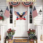 Wooden 4th of July Decoration Door Wreath for Front Door Sign America Eagle Wall Signs,250 Anniversary Independence Day Patriotic Day Wreath Welcome Memorial Day Hanging for Home Party Outdoor Indoor
