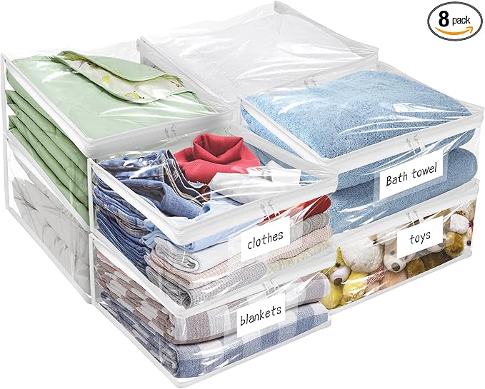 Kikerike Plastic Storage Bags with Easy-Glide Zipper, Pack of 8, Durable Clear Vinyl Zippered Storage Bags for Clothes Sweaters Comforters Blankets Sheets Bedding (23.6 x 16.9 x 13.8 Inch)