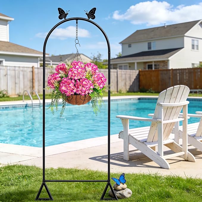 Artificial Hydrangea Flowers with Hanging Basket Planter for Spring Decoration, Fake Silk Flowers Outdoor Arrangements, Faux Hanging Plants for Garden Balcony Outside Decor (Fuchsia)