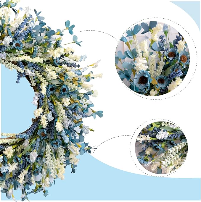 26 Inch Summer Spring Blue Ivory Lavender Flower Wreath for Front Door, Rustic and Farmhouse Wild Flowers Wreath for Inside and Outside, Coastal Blue Home Decorating