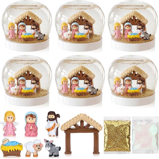 6 Sets 36 Pcs Nativity DIY Snow Globe Craft Kits Water Globes Making Kit with Mini Figurines Accessories Make Your Own Jesus Crafts for First Communion Holidays Party Favors Home Decor