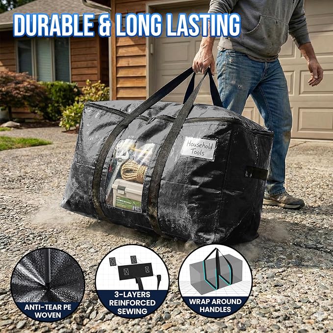 TAILI Extra Large Moving Bags, 2 Pack Black Heavy Duty Totes For Storage with Visible Window, Wrap Around Handles, Storage Bags for Space Saving, Alternative to Moving Boxes