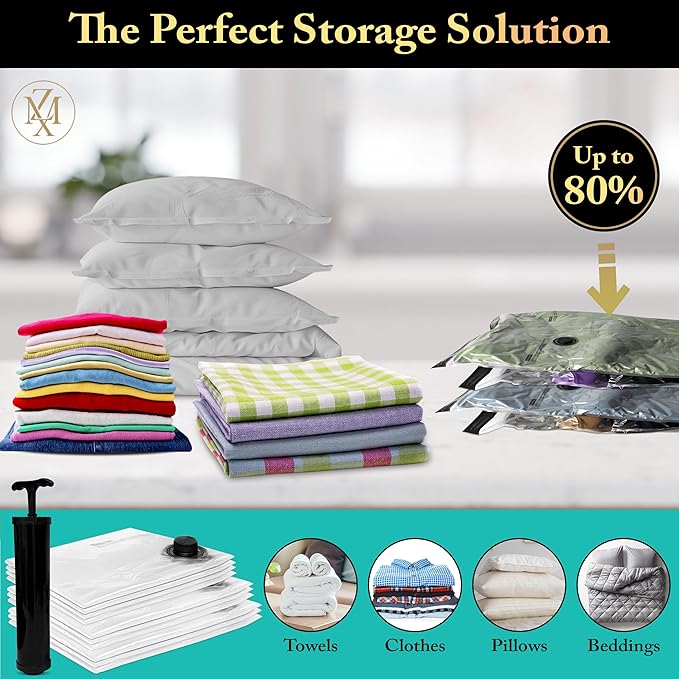 Vacuum Storage Bags 10 Pack with Hand Pump – Space Saver Compression Bags for Clothes, Bedding, Travel & Home Storage