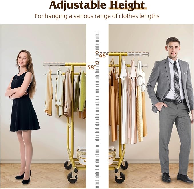 Raybee Clothes Rack Load 630LBS, Heavy Duty Clothes Rack, Rolling Clothing Racks for Hanging Clothes with Wheels, Adjustable & Commercial Garment Rack, 22" D x 75" W x 68" H, Gold