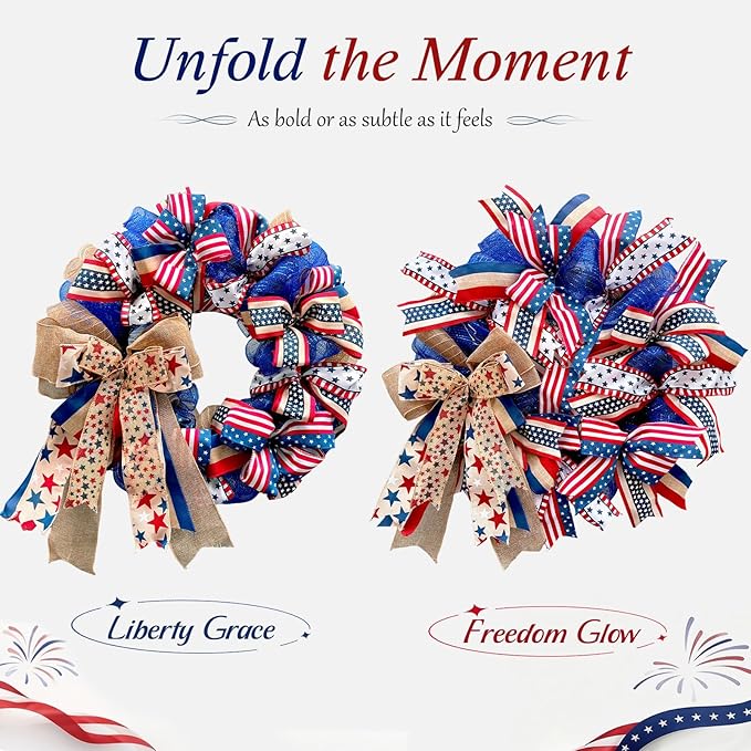 250th Anniversary Patriotic Wreaths for Front Door, 24 Inch Large Full Layered & Pre-Lit Design 4th of July Decorations with Burlap Bow, Red White and Blue Ribbon Wreath for Memorial Day
