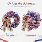 250th Anniversary Patriotic Wreaths for Front Door, 24 Inch Large Full Layered & Pre-Lit Design 4th of July Decorations with Burlap Bow, Red White and Blue Ribbon Wreath for Memorial Day