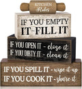 Moucuny 4 Pcs Rustic Wooden Table Decor Farmhouse Kitchen Rules Wood Sign Black Brown and White Centerpiece Rolling Pin Block Sign for Home Living Room Dining Room Shelf Table Decor