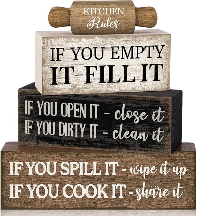 Moucuny 4 Pcs Rustic Wooden Table Decor Farmhouse Kitchen Rules Wood Sign Black Brown and White Centerpiece Rolling Pin Block Sign for Home Living Room Dining Room Shelf Table Decor