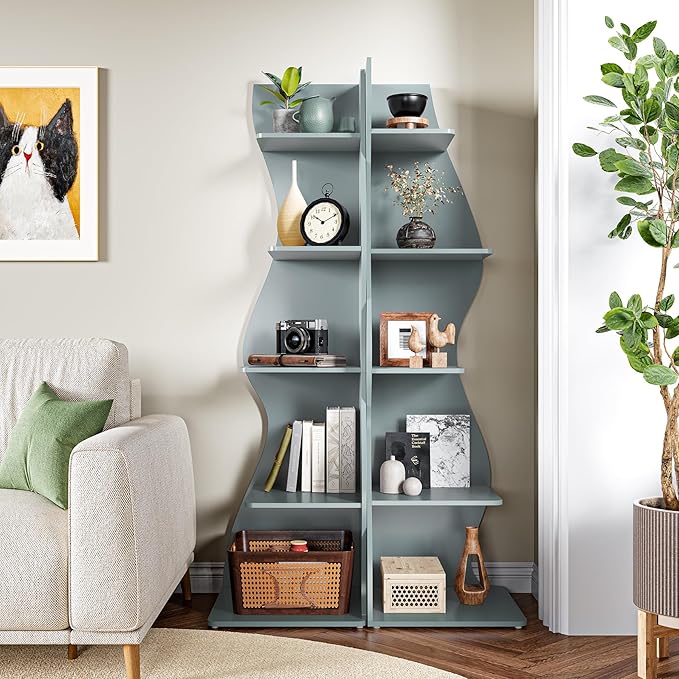 LITTLE TREE Small Corner Shelf, Modern 5-Tier Wall Corner Bookshelf, Stylish Bookcase Storage Rack for Small Space, Living Room, Bedroom, Blue, 2 Pack