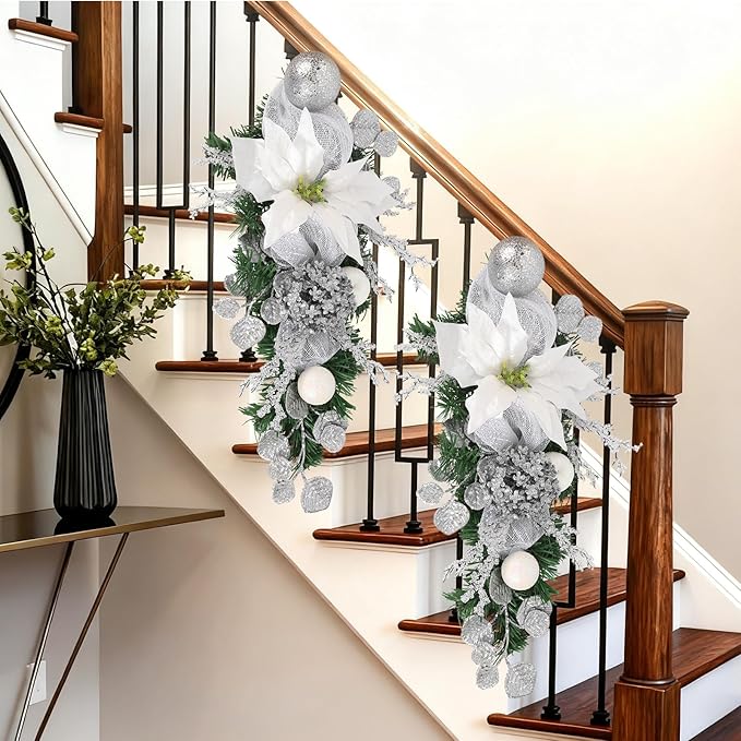 Silver Christmas Swag with Glitter Poinsettia, Pinecones, Ornaments and Mesh Ribbon 23.6" White and Silver Teardrop Swag for Christmas Decorations Artificial Wall Door Hanging Holiday Decor