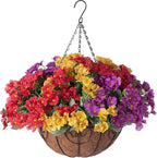 Artificial Flower in Hanging Basket Outdoor Indoor Garden Yard,Coconut Lining Flowerpot with Faux Plant,Daisy with Eucalyptus Leaves Arrangement for Home Spring Summer Decor(Red Purple Yellow)
