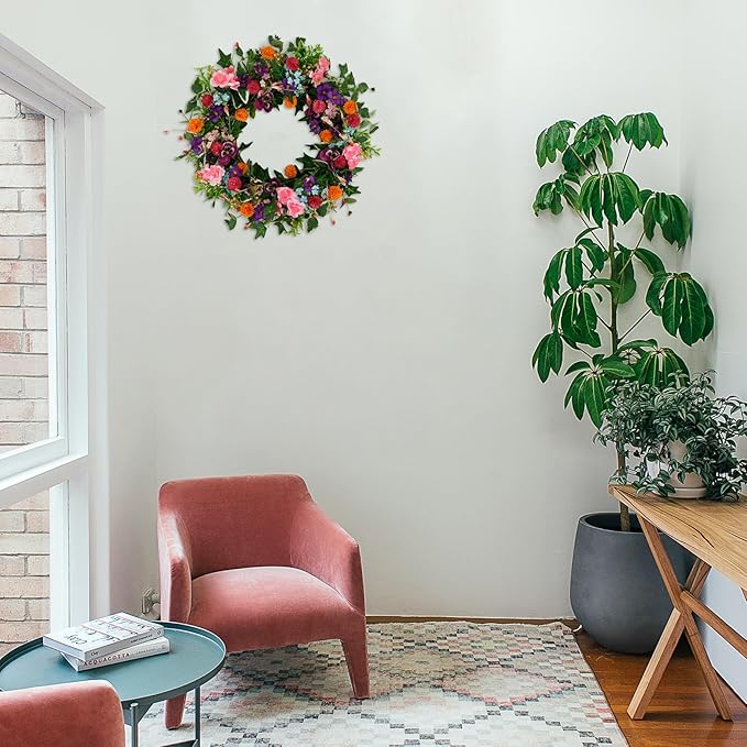WreathDream Spring Summer Wreaths for Front Door Pansy Wreath with Pink Cherry Blossoms,Small Ball Bhrysanthemum for Indoor Outdoor Farmhouse Home Porch Wall Window Festival Wedding Decor