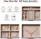 pickpiff Jewelry Box Organizer Case for Women: 3-Layer Jewelry Storage Case with Glass Window, Black Leather with Blush Velvet, Holder for Ring Necklace Bracelet Brooch Watch, Great Gift for Her
