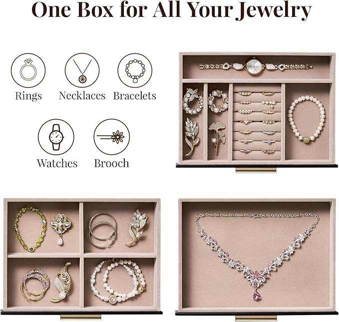 pickpiff Jewelry Box Organizer Case for Women: 3-Layer Jewelry Storage Case with Glass Window, Black Leather with Blush Velvet, Holder for Ring Necklace Bracelet Brooch Watch, Great Gift for Her