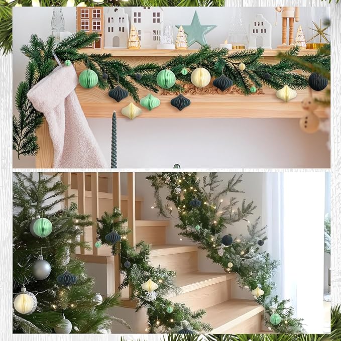 TecUnite 50 Pcs Christmas Paper Honeycomb Ornaments for Tree Vintage 3D Mini Glitter Edge Paper Christmas Ornament Honeycomb Tree Hanging Neutral Boho Holiday Xmas Party Decoration(White, Green)