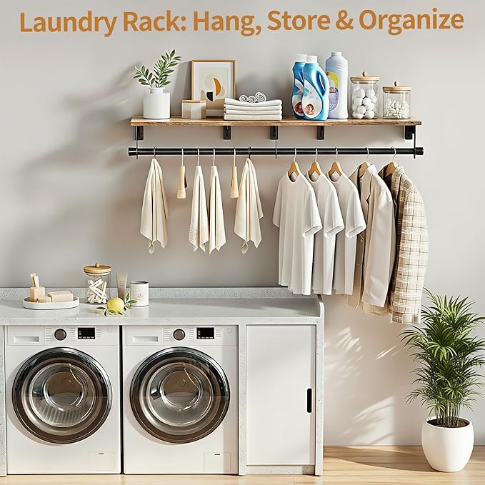 Luxspire Wall Mounted Clothes Rack, 43.3inch Clothing Racks with Top Shelf for Hanging Clothes, Heavy Duty Industrial Pipe Garment Rack, Laundry Room Shelves Closet Storage, Large