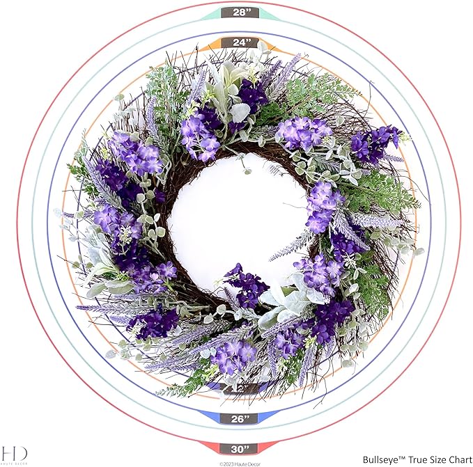Haute Decor Mixed Artificial Lavender Wreath with Natural Grapevine - 24 Inch Spring Wreath for Front Door with Lavender, Eucalyptus, Cedar, Larkspur and Lamb's Ear Florals