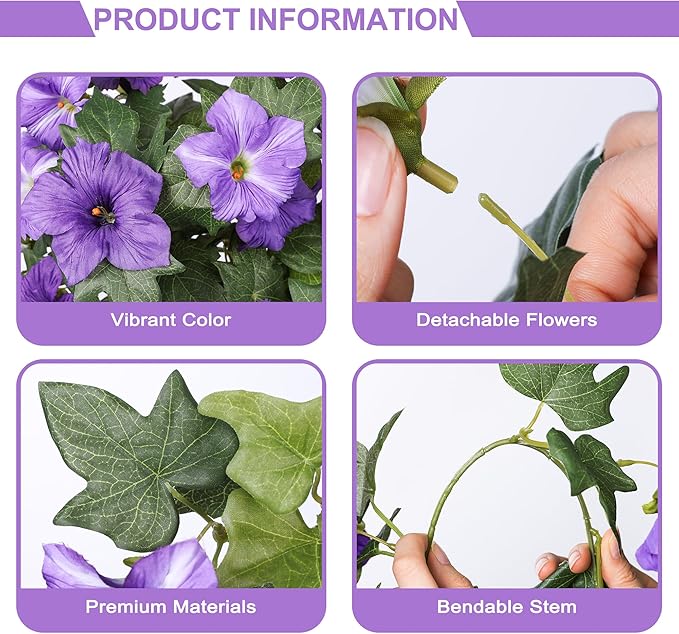 HyeFlora Artificial Flowers for Outdoors 2PCS Spring Faux Morning Glory Look Real Silk Flowers for Outside Planter UV Resistant Fake Flowers for Home Garden Balcony Yard Porch Deco Purple