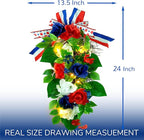 YULETIME 24" Pre-lit Decorative Teardrop Swag, Battery Operated Patriotic Theme Swag with Fairy Lights, Red, White & Blue Roses, Lilac Flowers, Green Leaves (Red White & Blue)