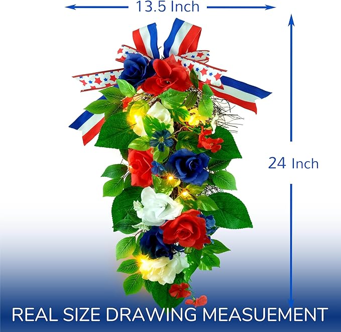 YULETIME 24" Pre-lit Decorative Teardrop Swag, Battery Operated Patriotic Theme Swag with Fairy Lights, Red, White & Blue Roses, Lilac Flowers, Green Leaves (Red White & Blue)