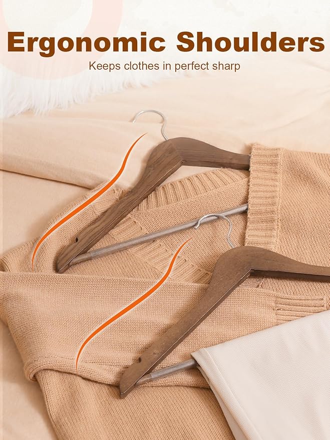 HOUSE DAY Walnut Wooden Hangers 20 Pack, Solid Wood Hanger with Non Slip Pant Bar, Heavy Duty Wooden Coat Hanger for Closet, Smooth Finish Wood Clothes Hangers for Shirts, Suits, Jackets, Dress