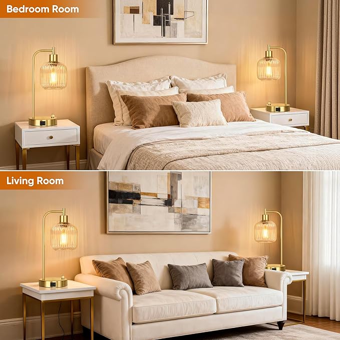 QiMH Industrial Table Lamp for Bedroom Set of 2, Clear Glass Beside Lamp with USB A&C Ports, Stepless Dimmable Gold Lamps, Nightstand Lamps for Living Room, Office, Home Decor(Bulb Included)