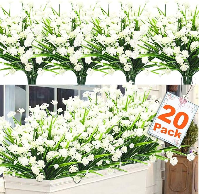 TURNMEON 20 Bundles Artificial Flowers for Outdoors Fake Plants Spring Decor, UV Resistant Artificial Plants Cemetery Flowers Faux Plastic Greenery Shrub for Home Porch Summer Decor 500 Heads(White)