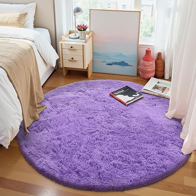OLANLY Purple Round Rugs for Bedroom - Machine Washable, 5 ft Circle Area Rugs for Living Room, Soft and Fluffy Shaggy Carpet for Teen Girls and Boys, Nursery Rooms, Dorms, Home Decor Aesthetic
