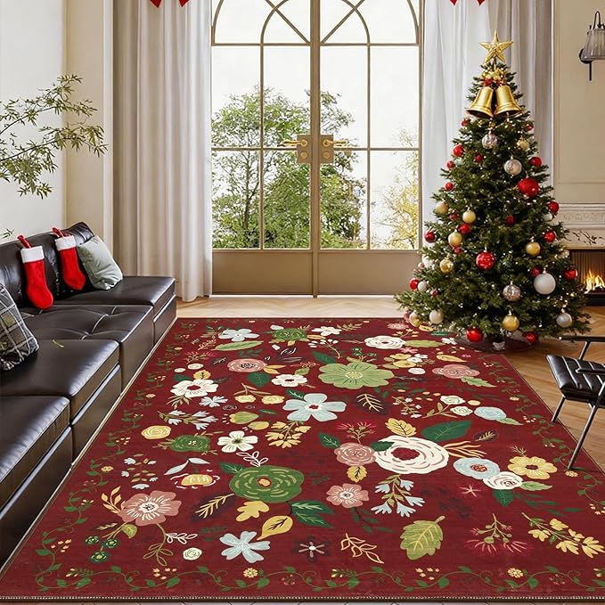 U'Artlines 6x9ft Red Christmas Area Rug Floral Rugs for Living Room,Non Slip Washable Rug Indoor Low Pile Floor Red Carpet for Bedroom, Dining Room,Classroom,Farmhouse,Office